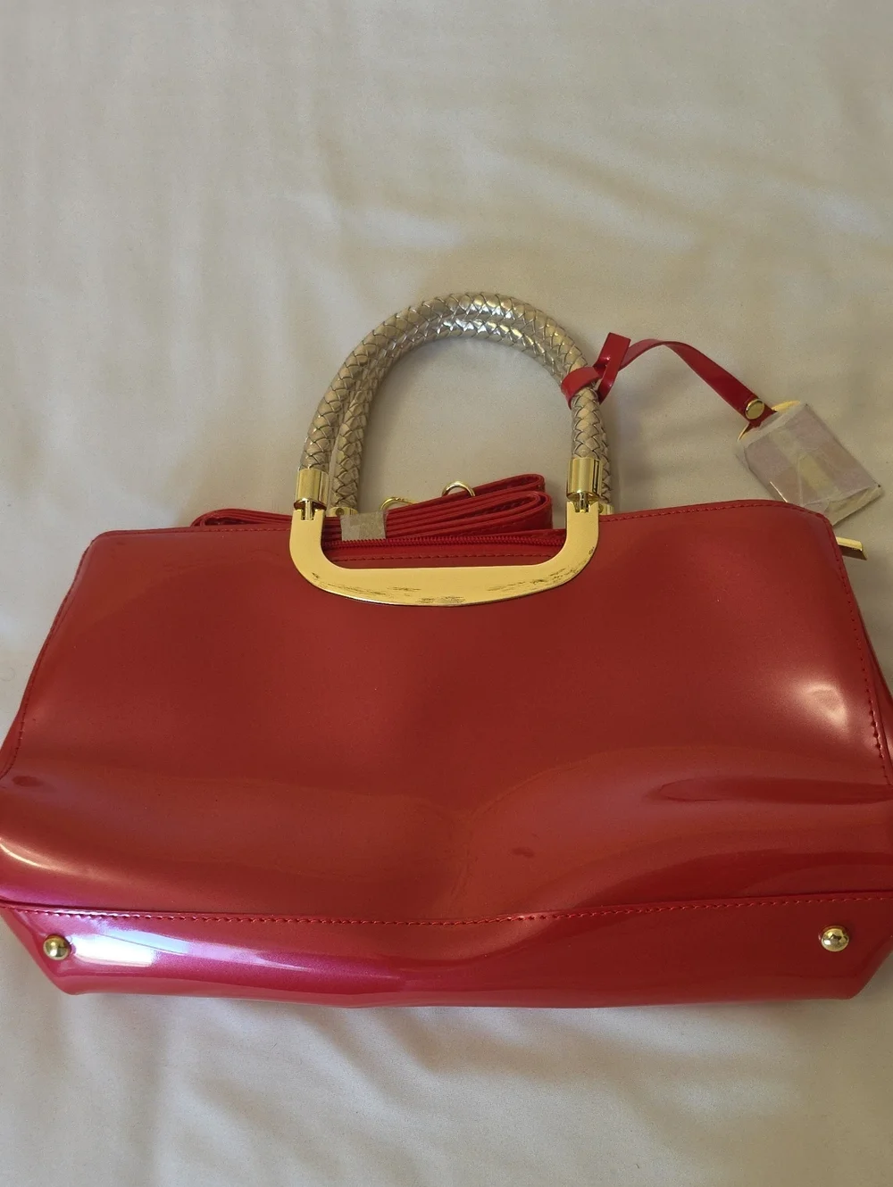Patent Red Satchel with Gold-Tone Hardware
